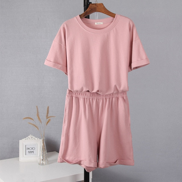 Hirsionsan Summer Cotton Sets Women Casual Two Pieces Short Sleeve T Shirts and High Waist Short Pants Solid Outfits Tracksuit