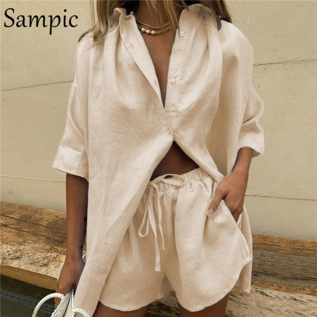 Sampic Summer Tracksuit Women 2021 Lounge Wear Shorts Set Short Sleeve Shirt Tops And Loose Mini Shorts Suit Two Piece Set