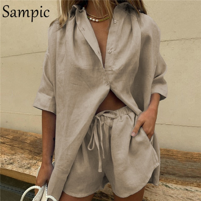 Sampic Summer Tracksuit Women 2021 Lounge Wear Shorts Set Short Sleeve Shirt Tops And Loose Mini Shorts Suit Two Piece Set