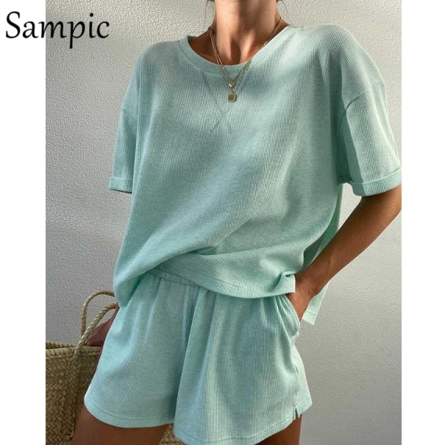 Sampic Summer Tracksuit Women 2021 Lounge Wear Shorts Set Short Sleeve Shirt Tops And Loose Mini Shorts Suit Two Piece Set