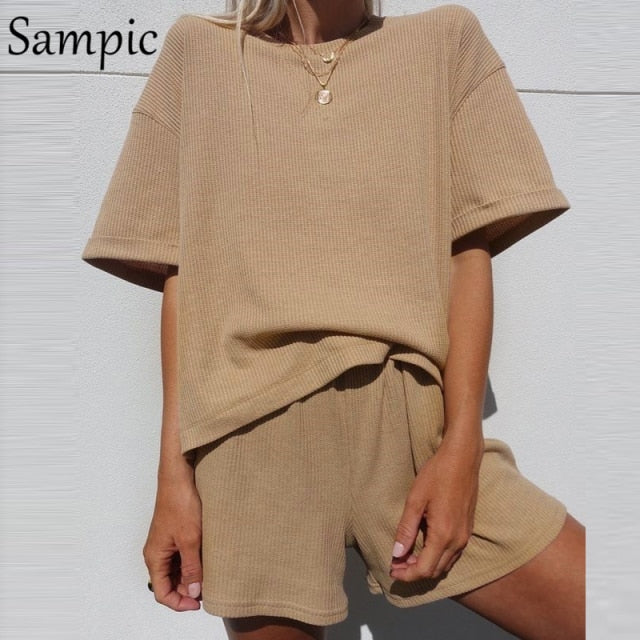 Sampic Summer Tracksuit Women 2021 Lounge Wear Shorts Set Short Sleeve Shirt Tops And Loose Mini Shorts Suit Two Piece Set