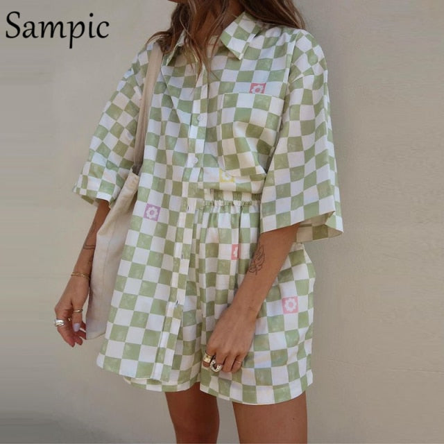 Sampic Summer Tracksuit Women 2021 Lounge Wear Shorts Set Short Sleeve Shirt Tops And Loose Mini Shorts Suit Two Piece Set