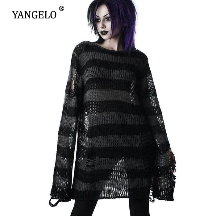 Punk Gothic Long Unisex Sweater 2020 Summer Women Striped Cool Hollow Out Hole Broken Jumper Loose Rock Thin Dark Streetwear Top