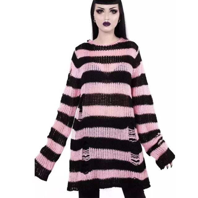 Punk Gothic Long Unisex Sweater 2020 Summer Women Striped Cool Hollow Out Hole Broken Jumper Loose Rock Thin Dark Streetwear Top