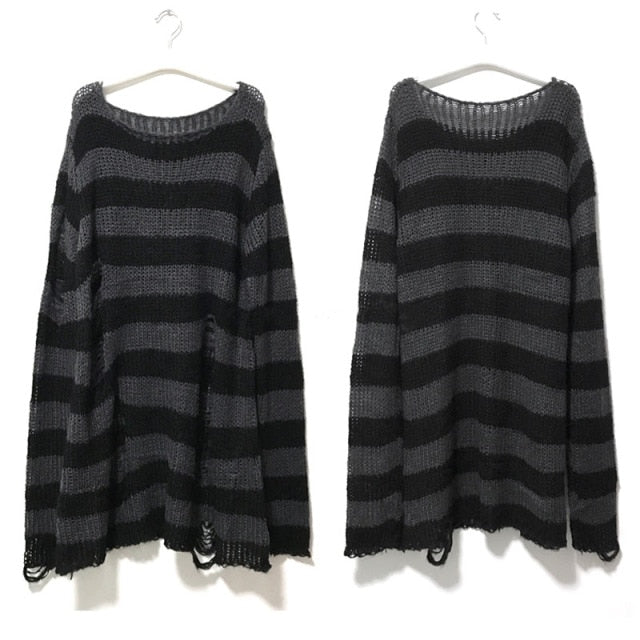 Punk Gothic Long Unisex Sweater 2020 Summer Women Striped Cool Hollow Out Hole Broken Jumper Loose Rock Thin Dark Streetwear Top