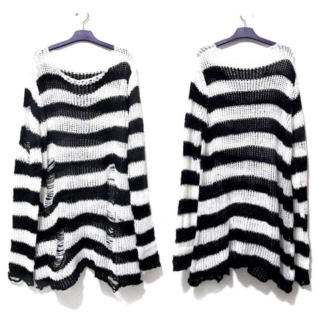 Punk Gothic Long Unisex Sweater 2020 Summer Women Striped Cool Hollow Out Hole Broken Jumper Loose Rock Thin Dark Streetwear Top