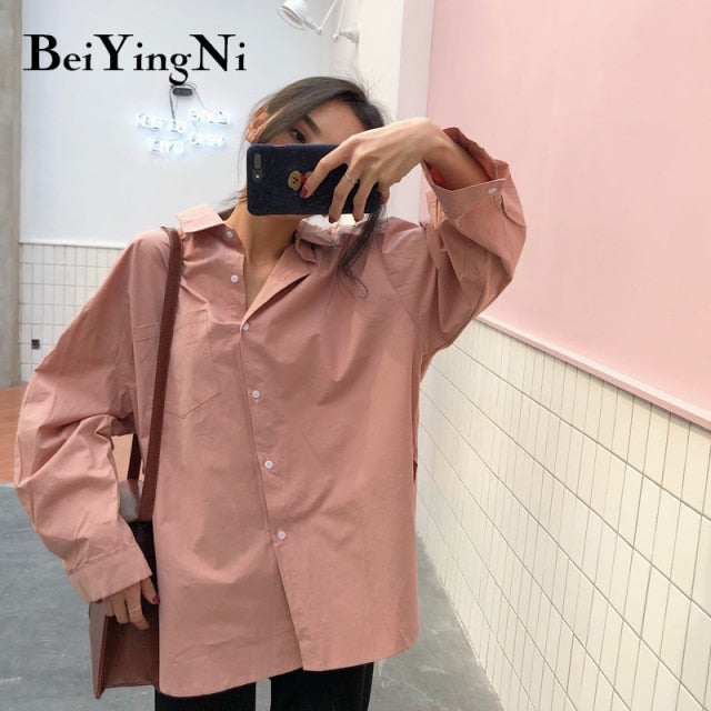 Beiyingni 2020 Spring Autumn Women Shirts White Plain Loose Oversized Blouses Female Tops Loose BF Korean Style Blusas Pockets