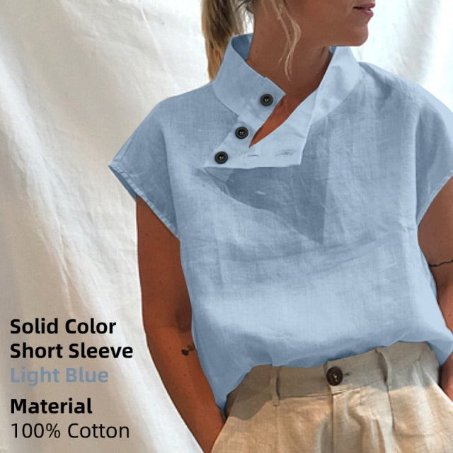 Celmia Stylish Tunic Tops Plus Size Women Short Sleeve Summer Blouses Buttons Solid Cotton Linen Tops Casual Loose Blusas Femme