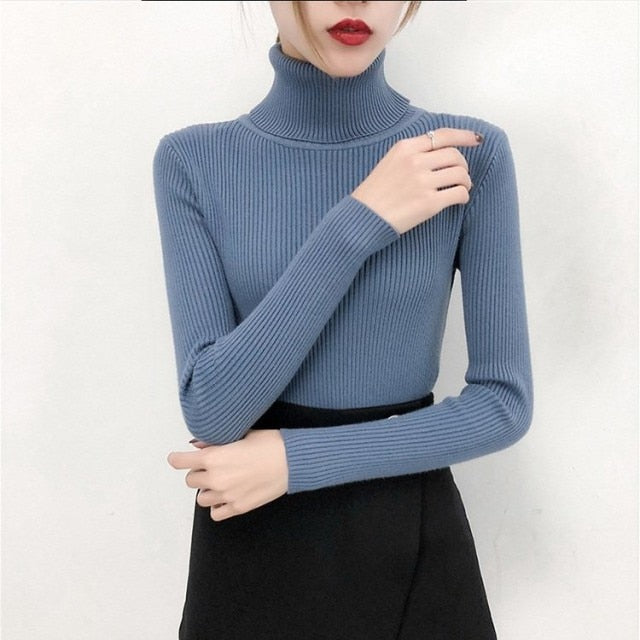 Bonjean Autumn Winter Knitted Jumper Tops turtleneck Pullovers Casual Sweaters Women Shirt Long Sleeve Tight Sweater Girls