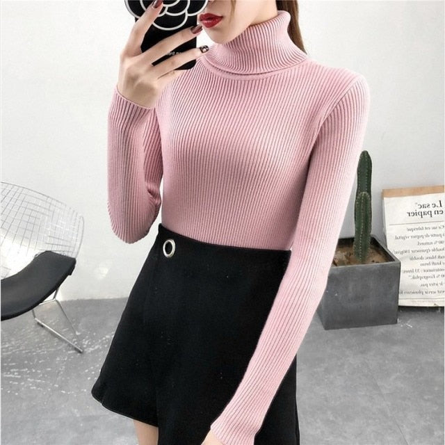 Bonjean Autumn Winter Knitted Jumper Tops turtleneck Pullovers Casual Sweaters Women Shirt Long Sleeve Tight Sweater Girls