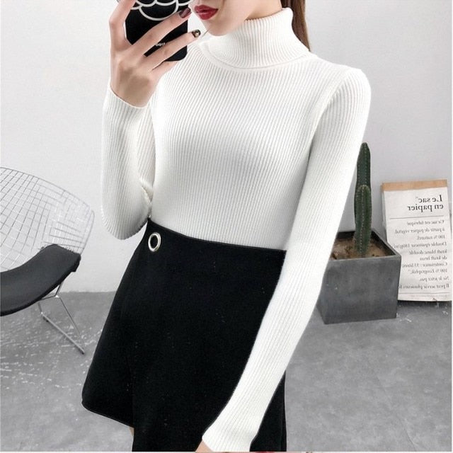 Bonjean Autumn Winter Knitted Jumper Tops turtleneck Pullovers Casual Sweaters Women Shirt Long Sleeve Tight Sweater Girls