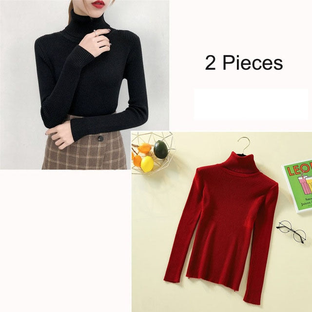 Bonjean Autumn Winter Knitted Jumper Tops turtleneck Pullovers Casual Sweaters Women Shirt Long Sleeve Tight Sweater Girls