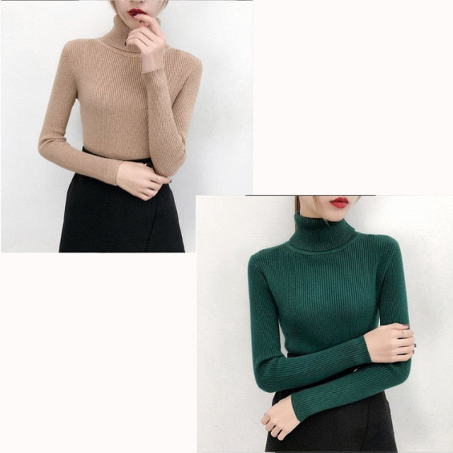 Bonjean Autumn Winter Knitted Jumper Tops turtleneck Pullovers Casual Sweaters Women Shirt Long Sleeve Tight Sweater Girls