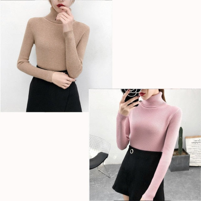 Bonjean Autumn Winter Knitted Jumper Tops turtleneck Pullovers Casual Sweaters Women Shirt Long Sleeve Tight Sweater Girls