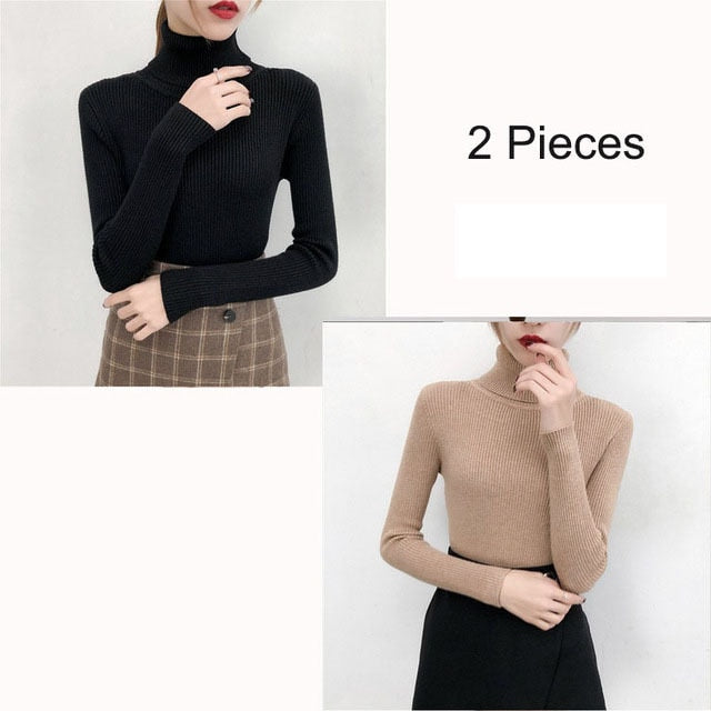 Bonjean Autumn Winter Knitted Jumper Tops turtleneck Pullovers Casual Sweaters Women Shirt Long Sleeve Tight Sweater Girls