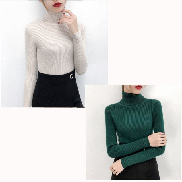 Bonjean Autumn Winter Knitted Jumper Tops turtleneck Pullovers Casual Sweaters Women Shirt Long Sleeve Tight Sweater Girls