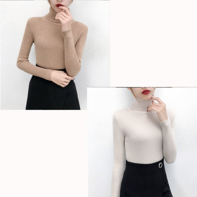 Bonjean Autumn Winter Knitted Jumper Tops turtleneck Pullovers Casual Sweaters Women Shirt Long Sleeve Tight Sweater Girls