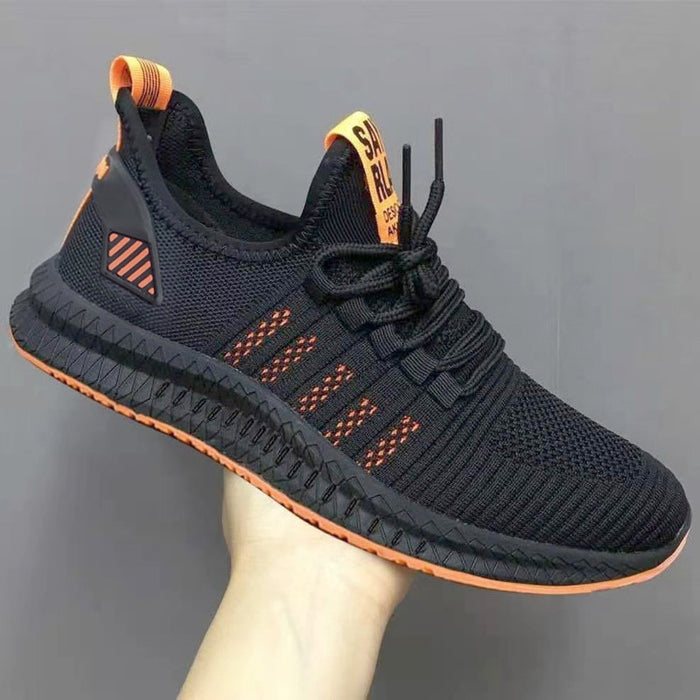 New Men Fashion Cheap Sneakers Breathable Casual Shoes Vulcanize Orange Sole Mesh Lightweight Knitted Five Stripe Trainers