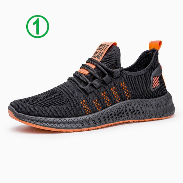 New Men Fashion Cheap Sneakers Breathable Casual Shoes Vulcanize Orange Sole Mesh Lightweight Knitted Five Stripe Trainers