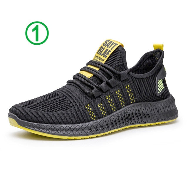 New Men Fashion Cheap Sneakers Breathable Casual Shoes Vulcanize Orange Sole Mesh Lightweight Knitted Five Stripe Trainers