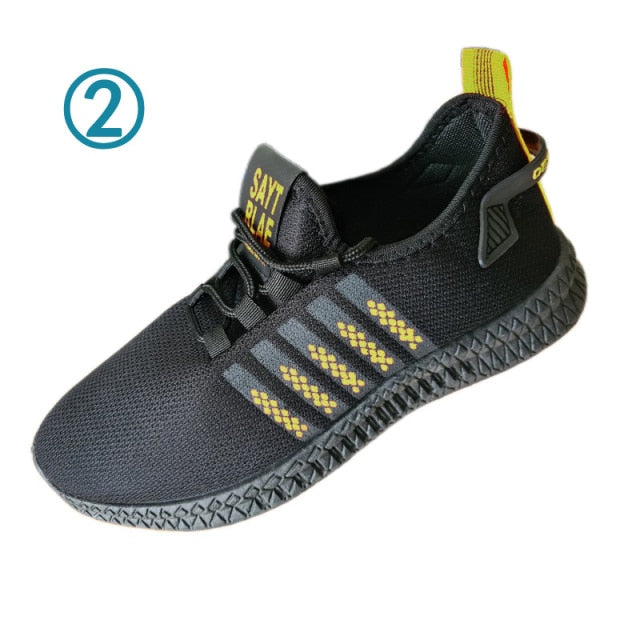 New Men Fashion Cheap Sneakers Breathable Casual Shoes Vulcanize Orange Sole Mesh Lightweight Knitted Five Stripe Trainers