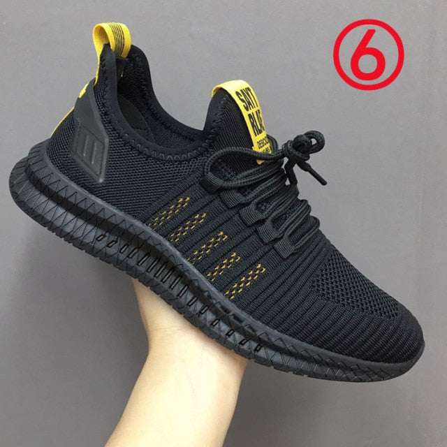 New Men Fashion Cheap Sneakers Breathable Casual Shoes Vulcanize Orange Sole Mesh Lightweight Knitted Five Stripe Trainers