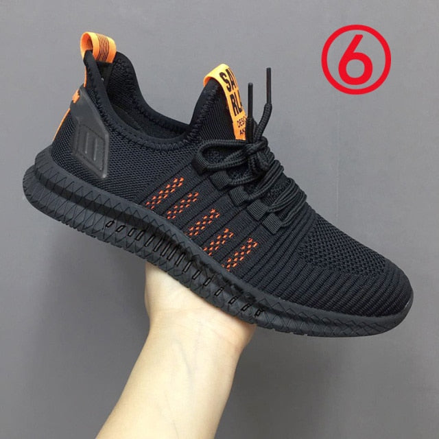 New Men Fashion Cheap Sneakers Breathable Casual Shoes Vulcanize Orange Sole Mesh Lightweight Knitted Five Stripe Trainers