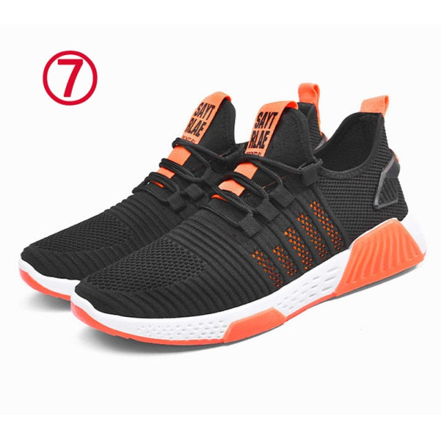 New Men Fashion Cheap Sneakers Breathable Casual Shoes Vulcanize Orange Sole Mesh Lightweight Knitted Five Stripe Trainers