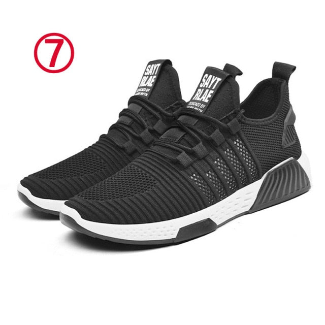 New Men Fashion Cheap Sneakers Breathable Casual Shoes Vulcanize Orange Sole Mesh Lightweight Knitted Five Stripe Trainers