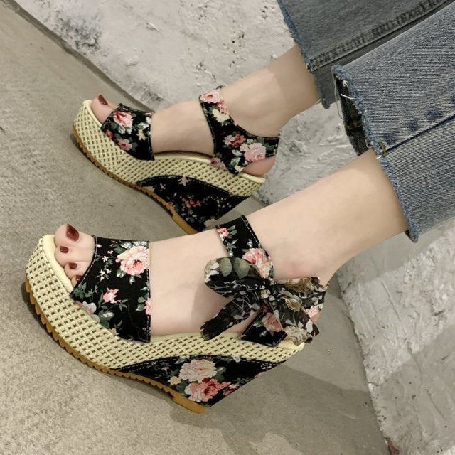 INS Hot Lace Leisure Women Wedges Heeled Women Shoes 2021 Summer Sandals Party Platform High Heels Shoes Woman