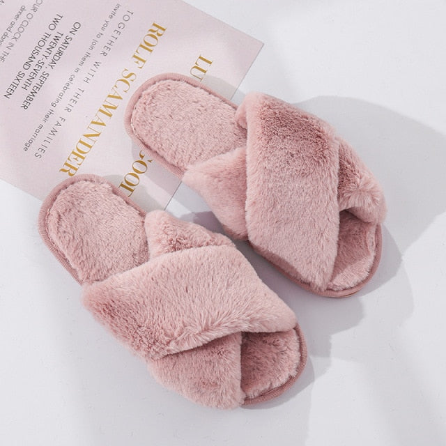 Winter Women House Slippers Faux Fur Fashion Warm Shoes Woman Slip on Flats Female Slides Black Pink cozy home  furry slippers