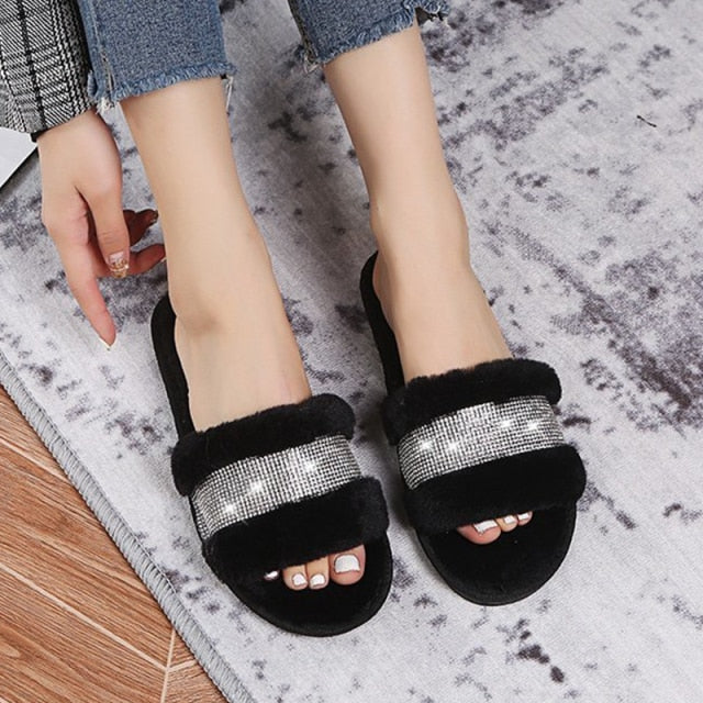 Winter Women House Slippers Faux Fur Fashion Warm Shoes Woman Slip on Flats Female Slides Black Pink cozy home  furry slippers