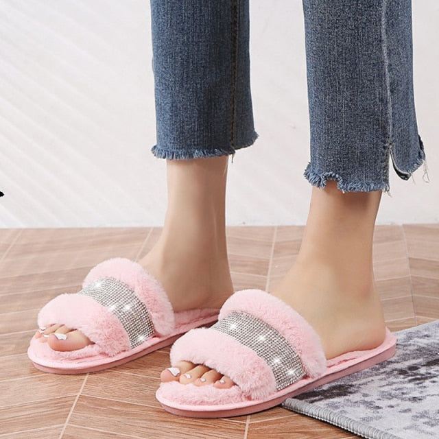 Winter Women House Slippers Faux Fur Fashion Warm Shoes Woman Slip on Flats Female Slides Black Pink cozy home  furry slippers