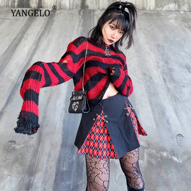 Punk Gothic Long Unisex Sweater 2020 Summer Women Striped Cool Hollow Out Hole Broken Jumper Loose Rock Thin Dark Streetwear Top