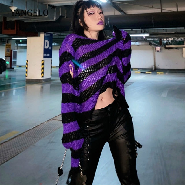 Punk Gothic Long Unisex Sweater 2020 Summer Women Striped Cool Hollow Out Hole Broken Jumper Loose Rock Thin Dark Streetwear Top