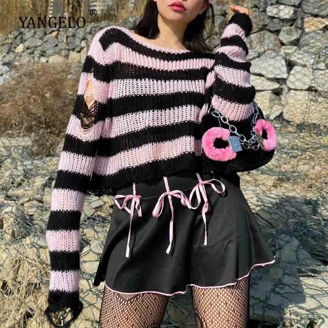 Punk Gothic Long Unisex Sweater 2020 Summer Women Striped Cool Hollow Out Hole Broken Jumper Loose Rock Thin Dark Streetwear Top