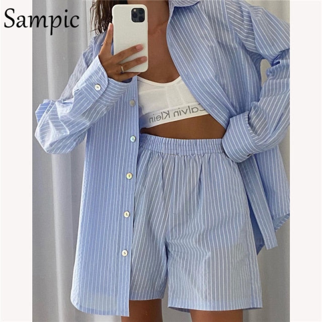 Sampic Summer Tracksuit Women 2021 Lounge Wear Shorts Set Short Sleeve Shirt Tops And Loose Mini Shorts Suit Two Piece Set