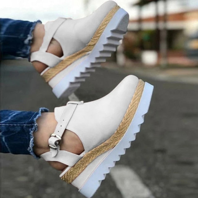 Women's Sandals Vintage Wedge Shoes Woman Buckle Strap Straw Thick Bottom Flats Platform Sandals Flock Female Shoes Summer 2021