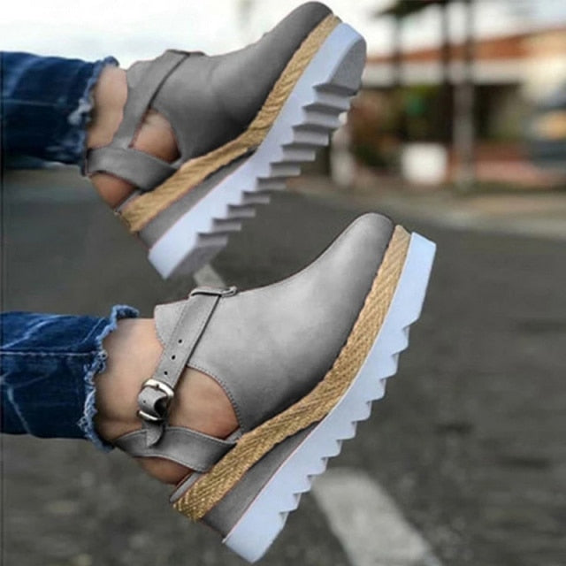 Women's Sandals Vintage Wedge Shoes Woman Buckle Strap Straw Thick Bottom Flats Platform Sandals Flock Female Shoes Summer 2021