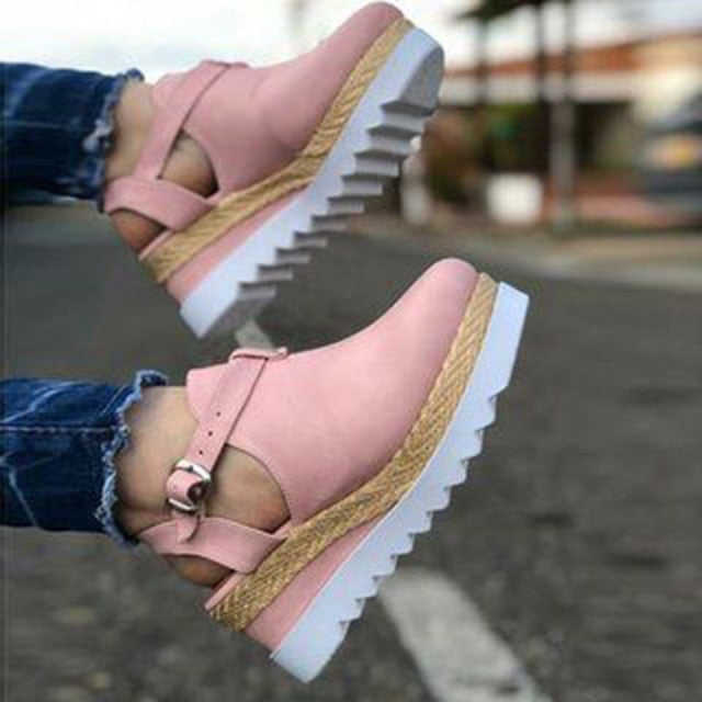 Women's Sandals Vintage Wedge Shoes Woman Buckle Strap Straw Thick Bottom Flats Platform Sandals Flock Female Shoes Summer 2021