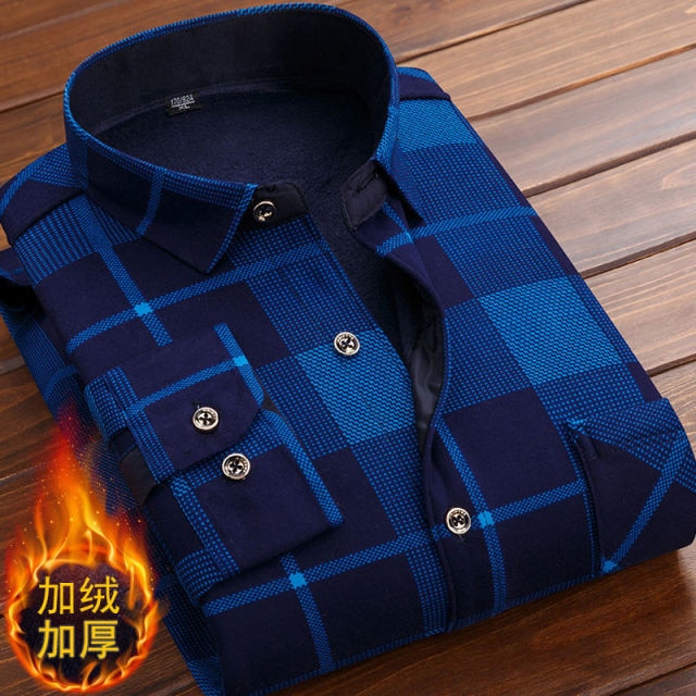 Autumn Winter Thick Velvet Dress Shirt For Men Casual Long Sleeve Warm Fleece Lining Shirts Fashion Soft Flannel Plus Size 5XL